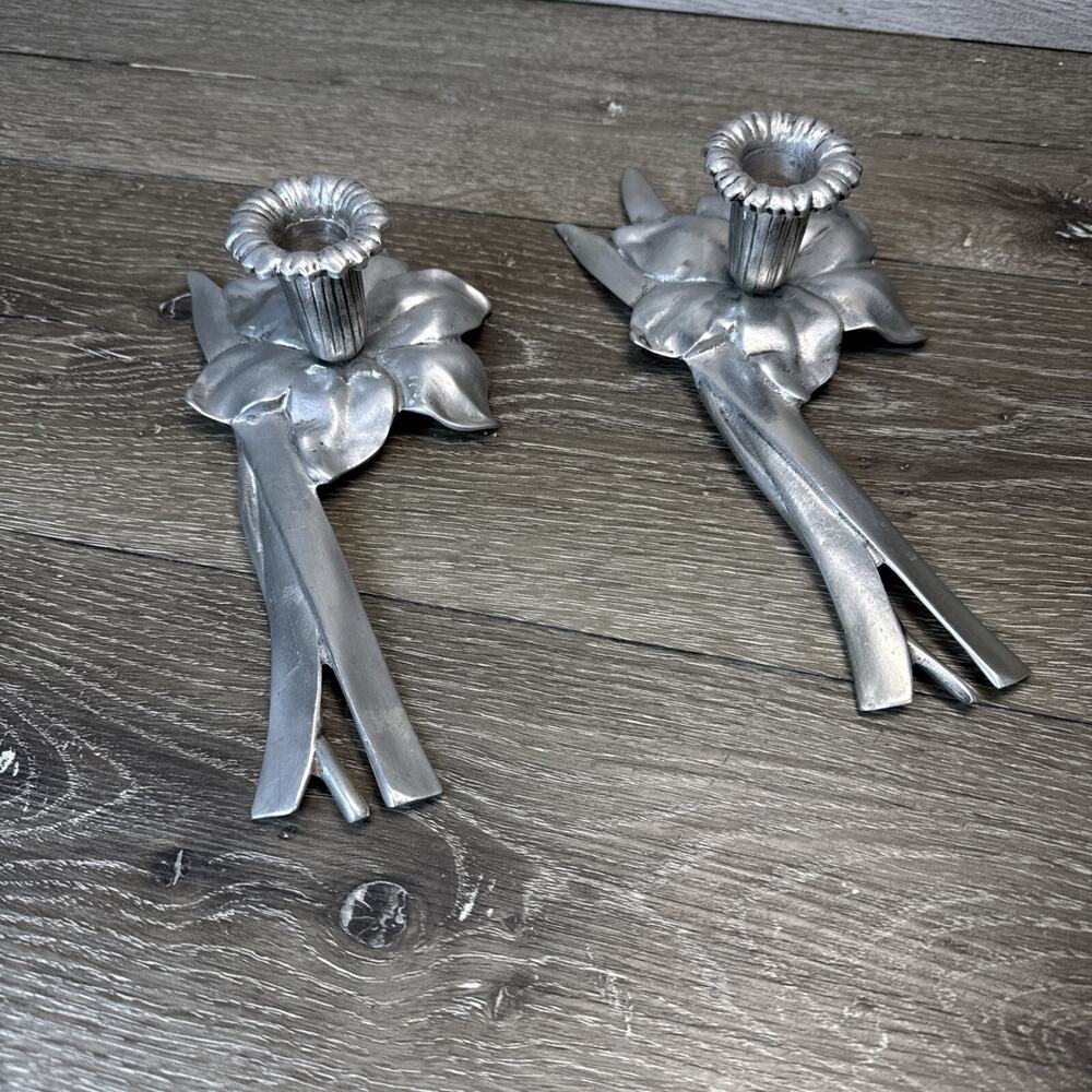 Bruce Fox Daffodil Candleholders Design Pewter Metal Modern Set Kitsch 10” ~Pair